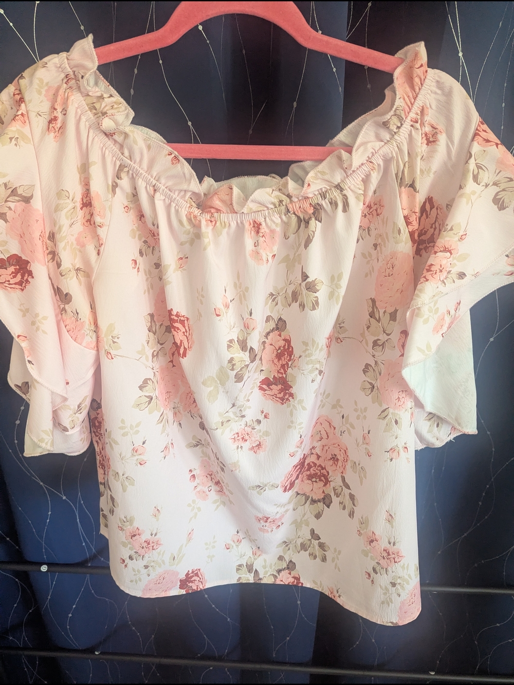 SHEIN Cream Floral Off-Shoulder Blouse with Pink Roses